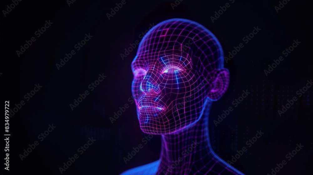 Artificial intelligence background. Digital neon glowing polygonal head projection Artificial intelligence background. Digital neon glowing polygonal head projection
