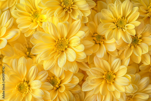 A radiant field of yellow chrysanthemum blooms stretches out, each delicate petal catching the sunlight in a vibrant dance of golden hues. 