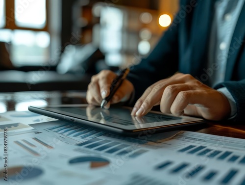 A real estate appraiser evaluating property values on a digital tablet close up, valuation theme, realistic, blend mode, modern office backdrop