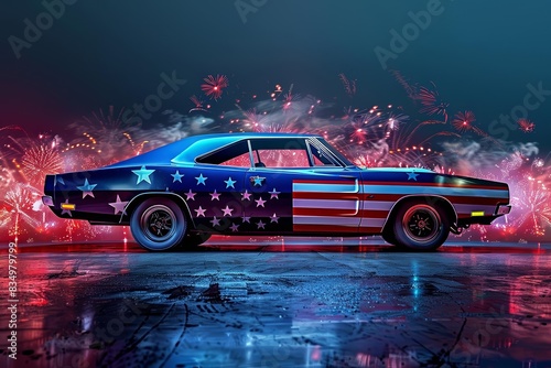 Side view of a vintage American muscle car painted with the American flag, fireworks in the background, photorealistic, July Fourth Independence Day celebration, night scene, vivid colors