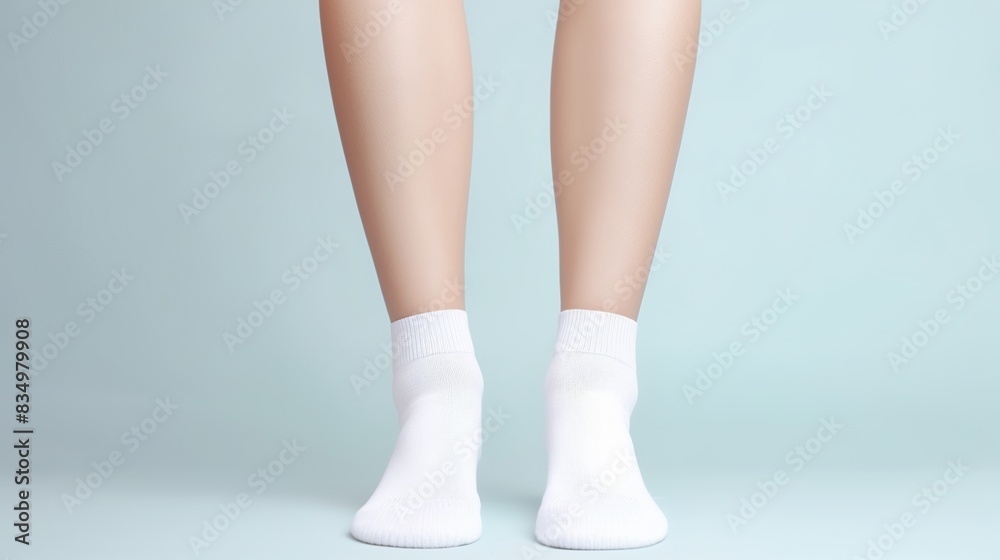 Side view of beautiful smooth female legs in short white cotton socks on a plain background on tiptoes. Mock up blank clothing template Side view of beautiful smooth female legs in short white cotton socks on a plain background on tiptoes. Mock up blank clothing template