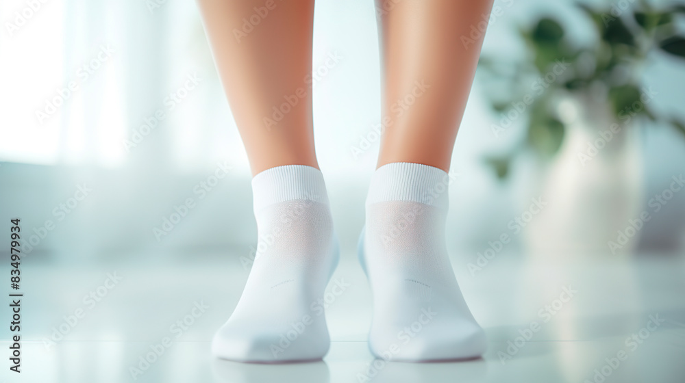 Side view of beautiful smooth female legs in short white cotton tiptoe socks. Mock up blank clothing template