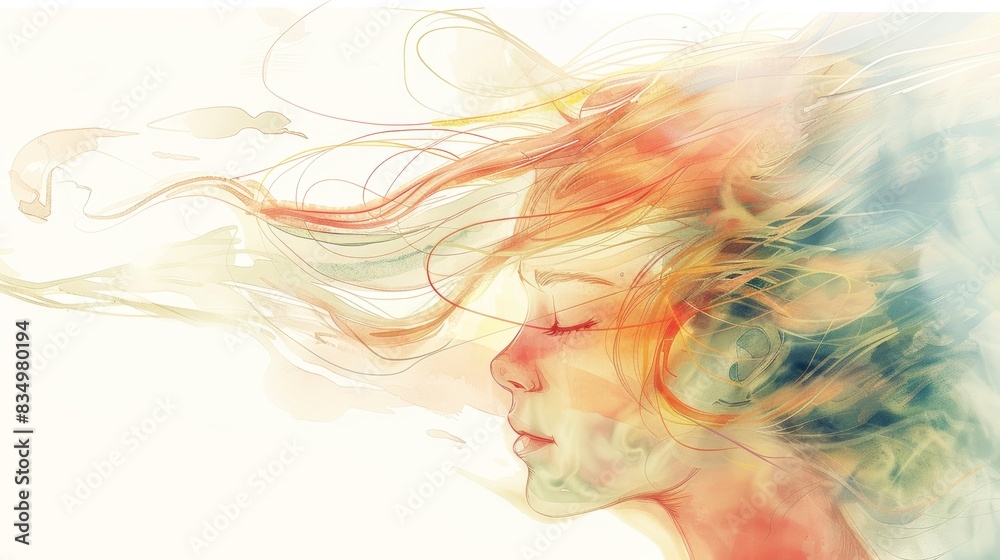 Fototapeta premium Ethereal watercolor portrait of a woman with flowing rainbow hair, capturing a sense of tranquility and beauty in an abstract style.