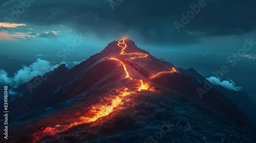 A dramatic aerial view of a volcano erupting at night, with glowing lava flowing down the mountainside. photo