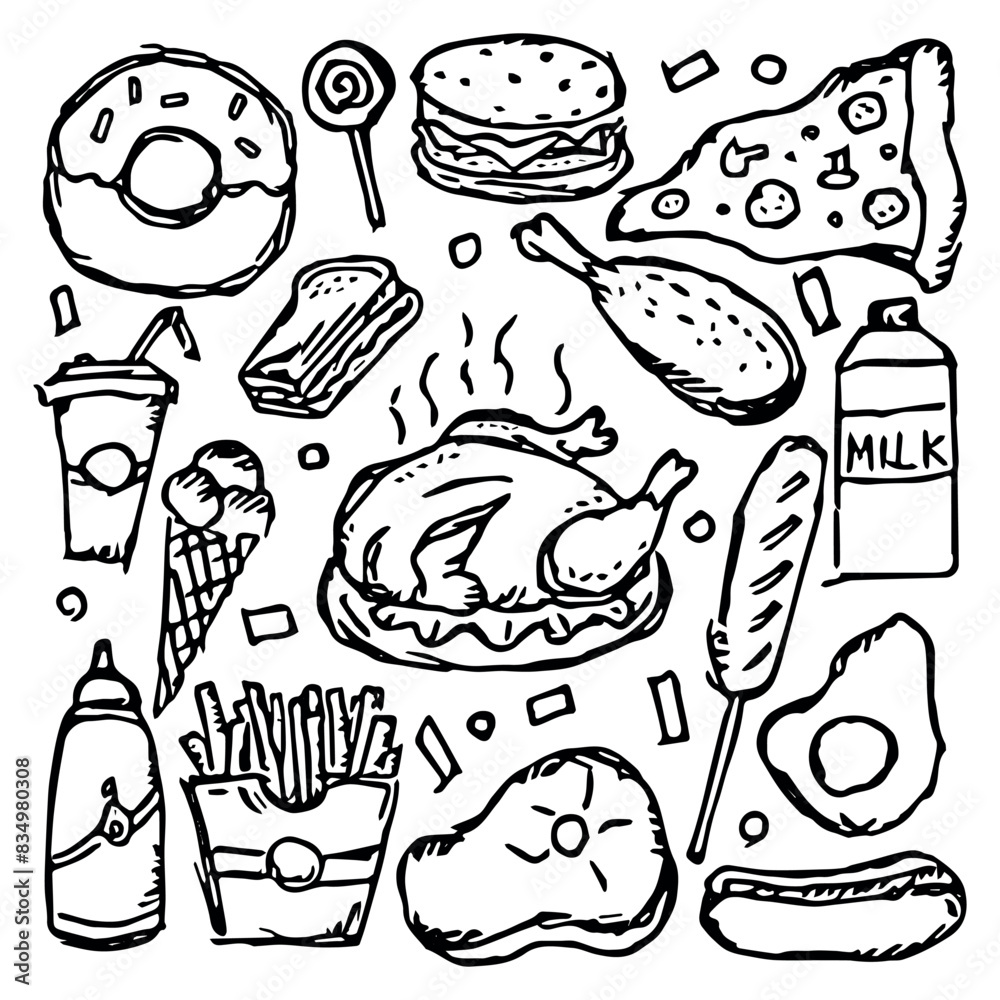 American food. Doodle ilustration with american food icons. Fast food background American food. Doodle ilustration with american food icons. Fast food background