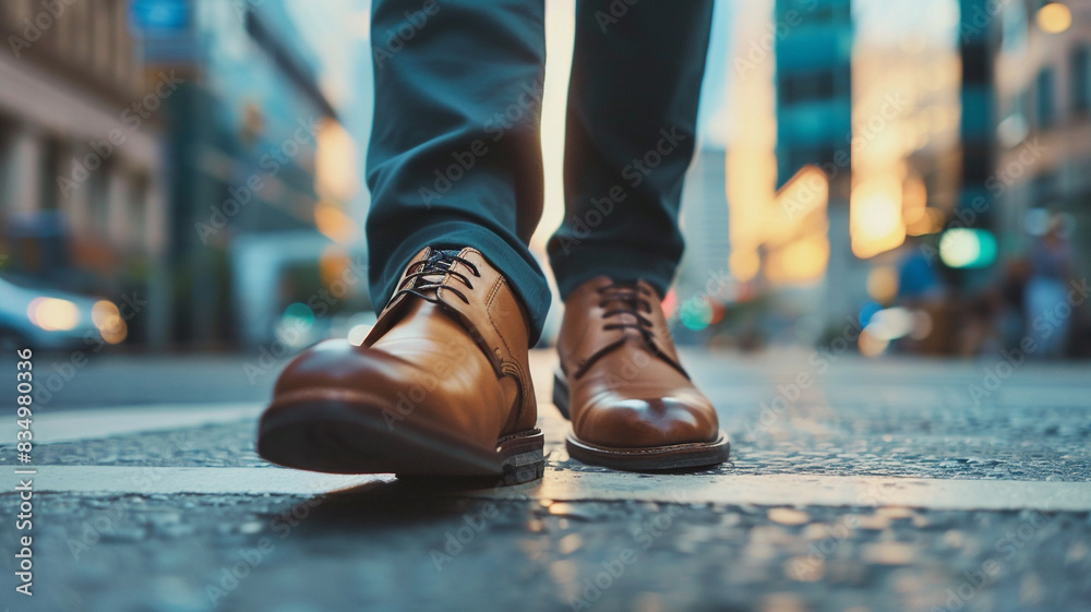 A closeup of the feet and shoes of an urban professional walking on city streets A closeup of the feet and shoes of an urban professional walking on city streets