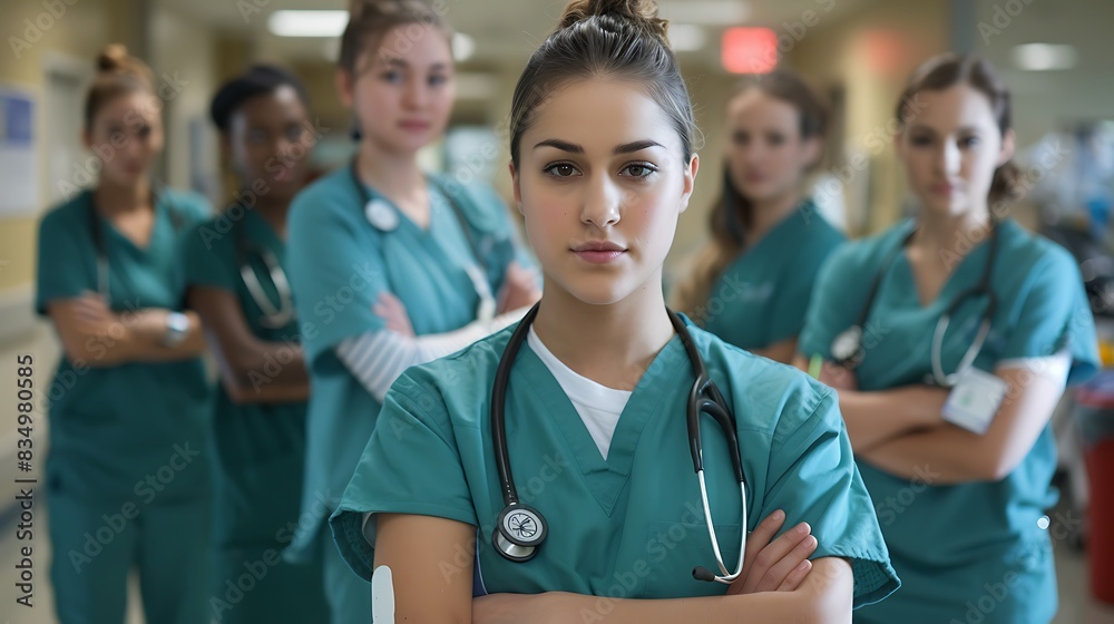 A group of female nurses in scrubs stand in a hospital hallway A group of female nurses in scrubs stand in a hospital hallway