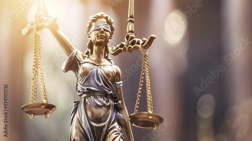A golden statue of Lady Justice holding scales of justice. The statue is against a blurry background.