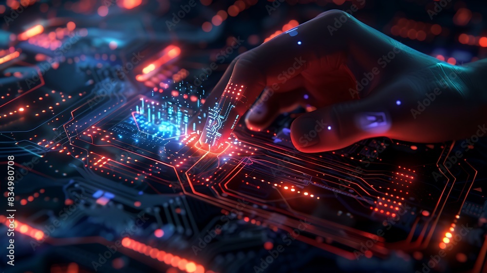 A hand reaches out to touch a glowing circuit board, representing technological innovation and progress. A hand reaches out to touch a glowing circuit board, representing technological innovation and progress.