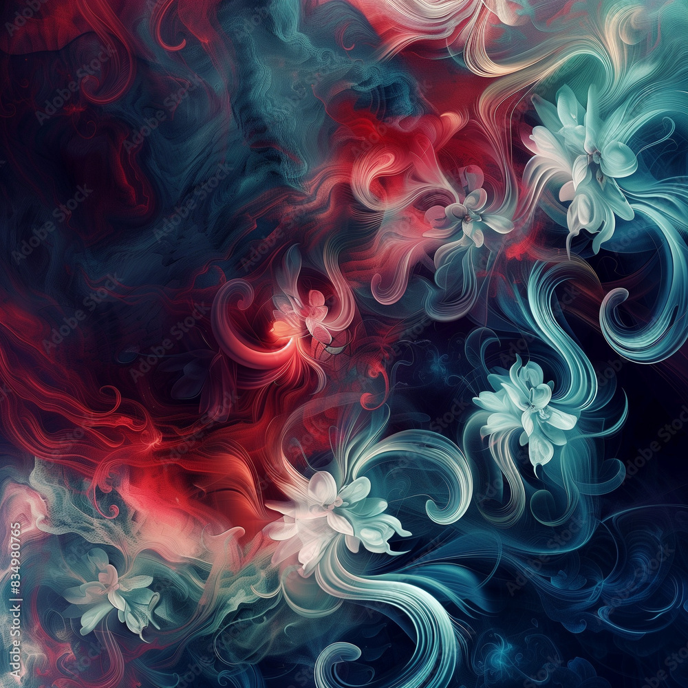 In this captivating abstract fractal background, a mesmerizing array of intricately detailed flowers bloom with vibrant colors In this captivating abstract fractal background, a mesmerizing array of intricately detailed flowers bloom with vibrant colors