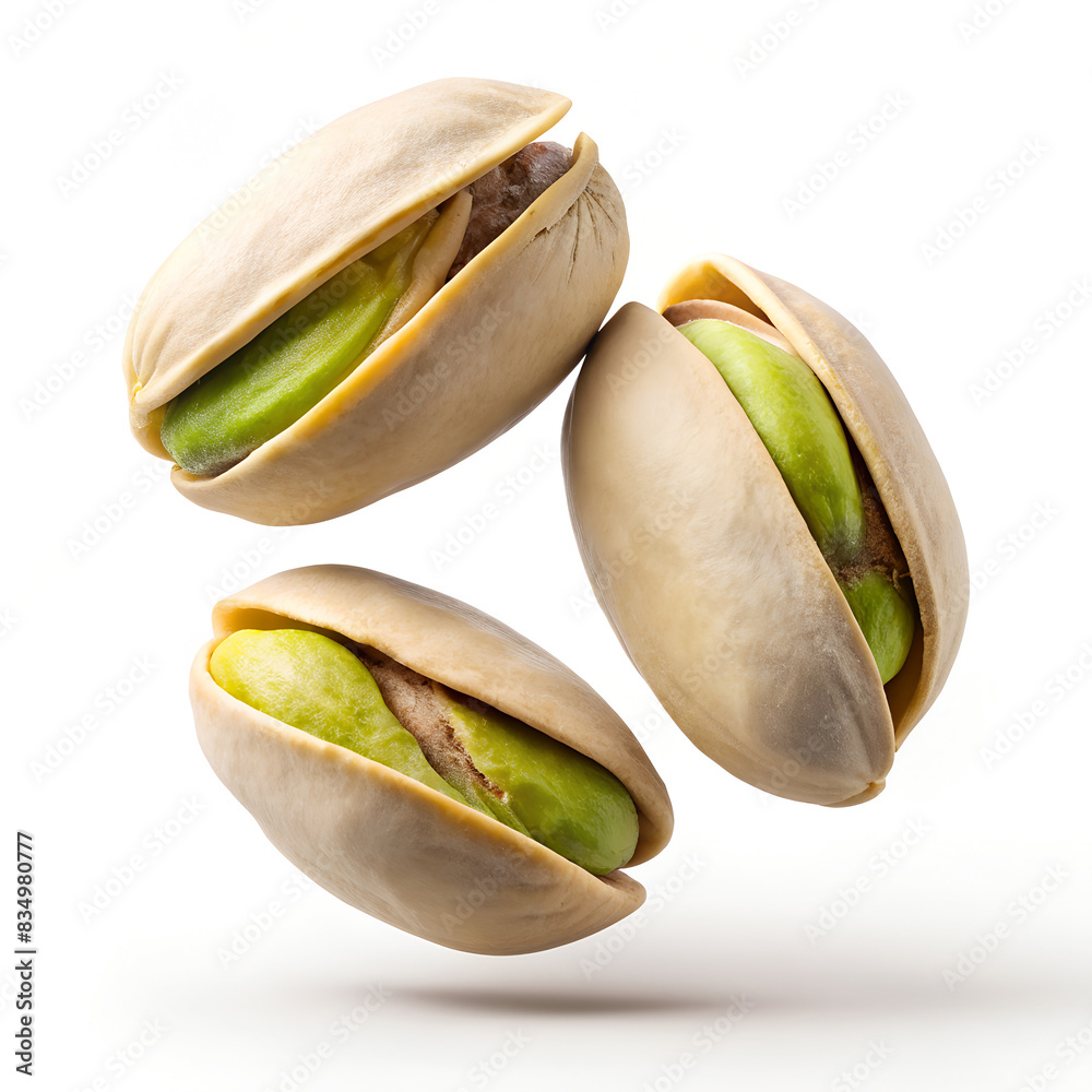 Three Open Pistachios Falling Through Air Three Open Pistachios Falling Through Air
