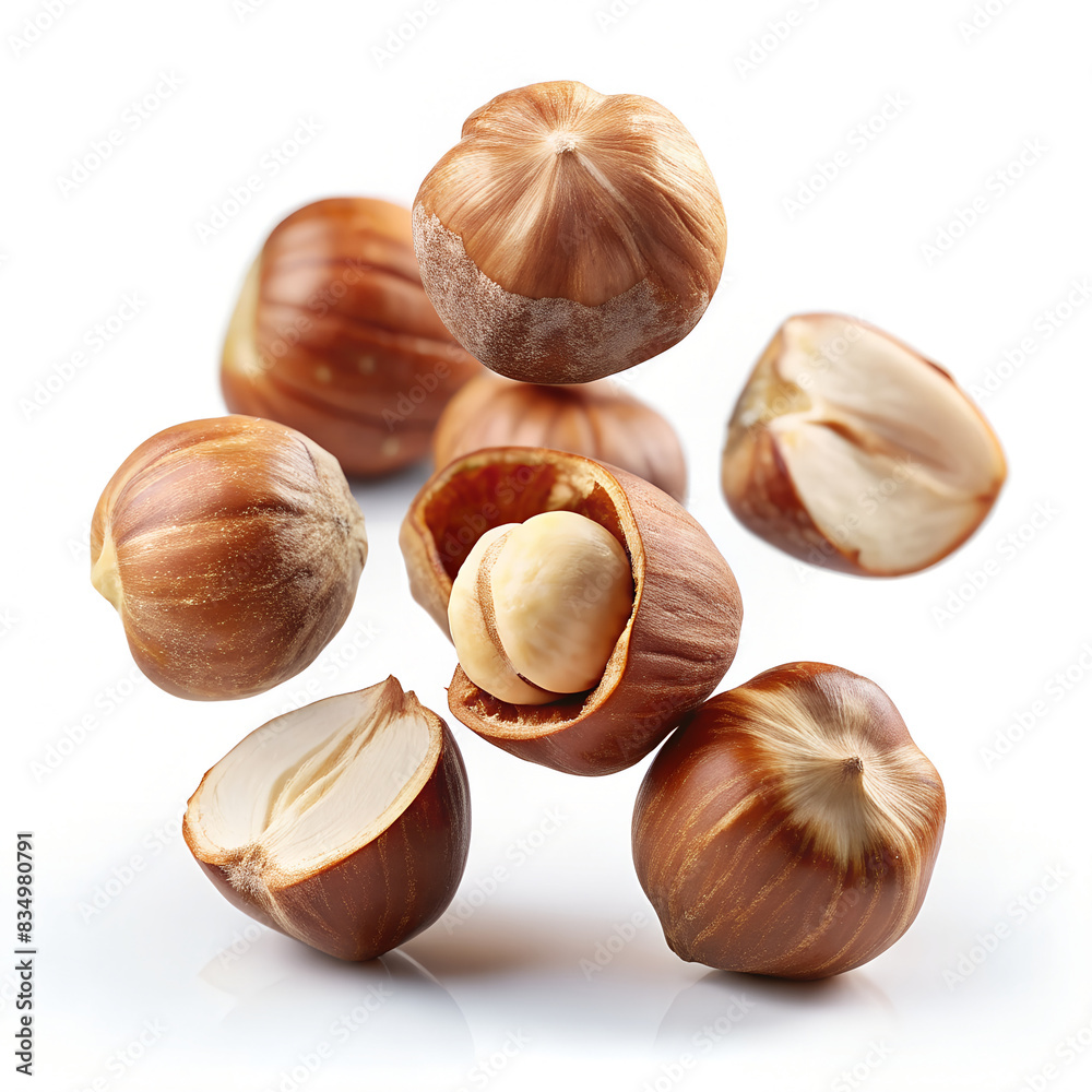 Six Crushed Hazelnuts Falling Against a White Background Six Crushed Hazelnuts Falling Against a White Background