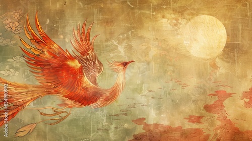 Flying phoenix, ancient oriental painting photo