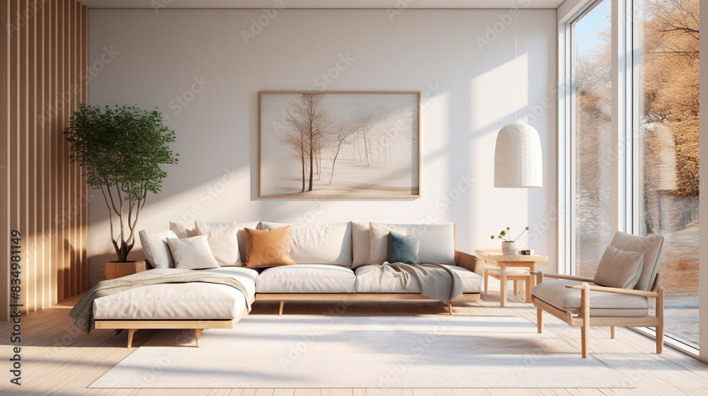 Living room interior in modern Japandi style in beige tones with poster frame Living room interior in modern Japandi style in beige tones with poster frame