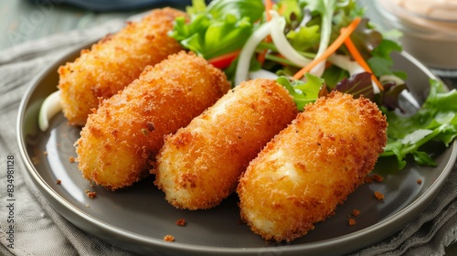 Crispy cheese croquettes on a sleek plate, side of fresh salad.