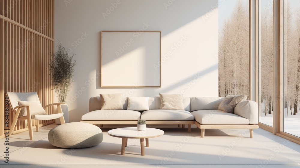 Fototapeta premium Living room interior in modern Japandi style in beige tones with poster frame