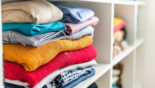 Stack of folded colorful clothes on white wardrobe shelf at home. Laundry and household, tidying up, room cleaning, declutter clothes wardrobe, donation concept