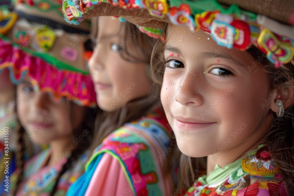 A vibrant scene of children in traditional attire, joyfully celebrating a cultural festival. A vibrant scene of children in traditional attire, joyfully celebrating a cultural festival.