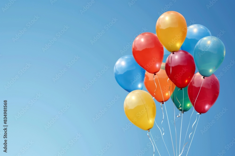 A vibrant cluster of balloons drifting gracefully through the clear, azure sky. A vibrant cluster of balloons drifting gracefully through the clear, azure sky.