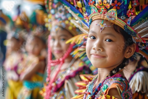 Vibrant celebration as children adorn traditional clothing at a cultural festival.