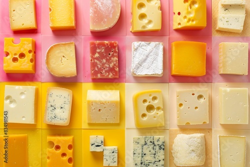 Assorted cheese products collage with various varieties in bright contemporary style