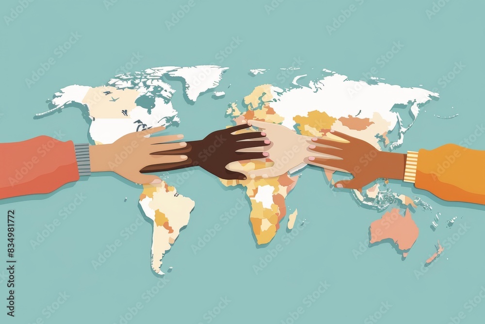 A powerful illustration of diverse hands coming together over a world map, symbolizing the global unity in promoting eye health and vision care worldwide.