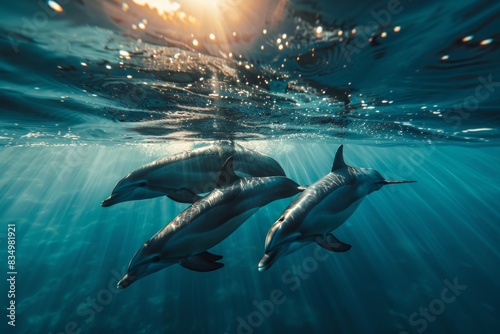 Witness the elegance of a pod of dolphins gracefully swimming in the sparkling, clear ocean under the warm sunlight. photo