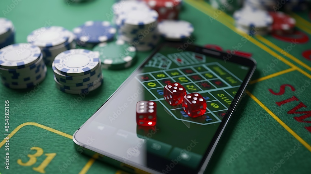 A smartphone displaying a dice game on a green felt casino table with chips and dice. A smartphone displaying a dice game on a green felt casino table with chips and dice.