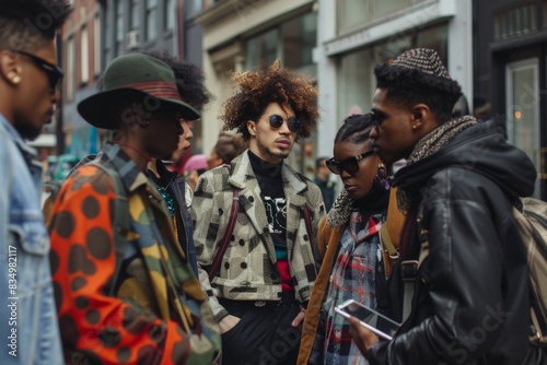 A vibrant group of friends flaunting their unique street styles on the sidewalk, celebrating the diversity of fashion. photo