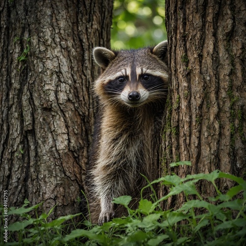 A curious raccoon peeking out from behind a tree in a lush green forest.