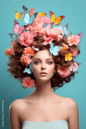 young woman with a wreath of flowers on her head Generative AI © Valentine