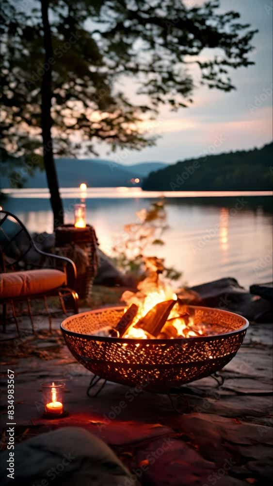 Fire is burning in a large metal bowl on a patio overlooking a lake Fire is burning in a large metal bowl on a patio overlooking a lake