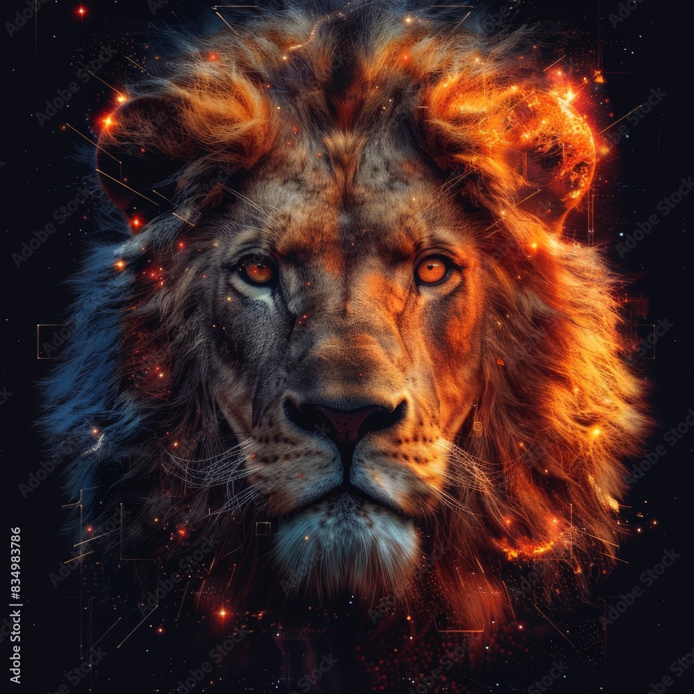 Fototapeta premium The image is a vibrant and artistic representation of a lion’s head. The fusion of realism with abstract art elements creates a visually striking depiction of the animal