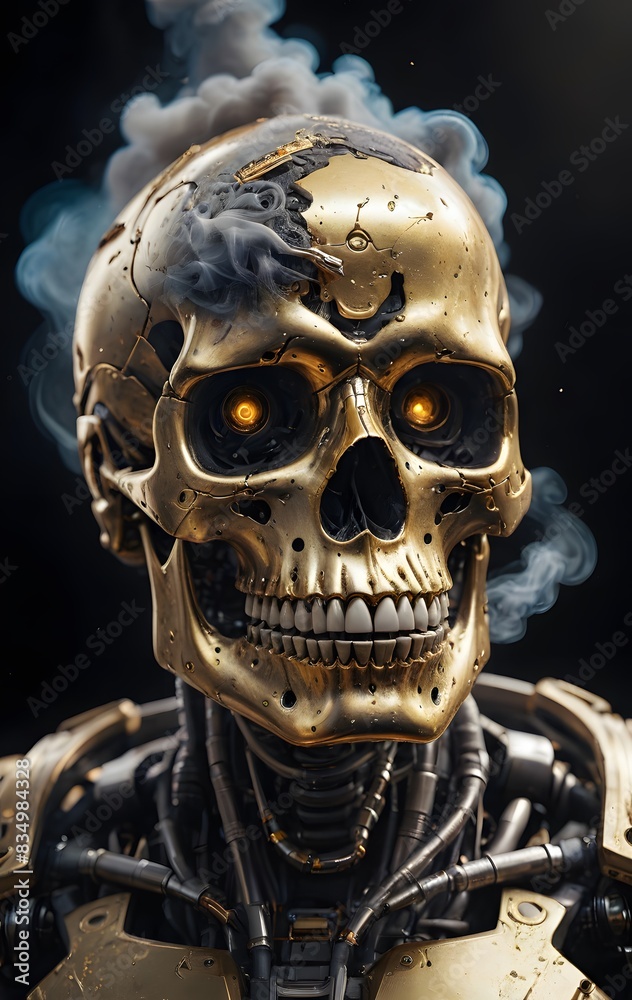 a close up of a gold skeleton with smoke coming out of it a close up of a gold skeleton with smoke coming out of it