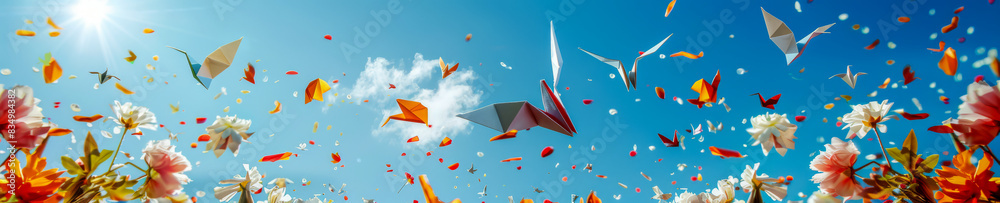 Explosion of Floral Petals and Origami Birds in Sunny Sky Explosion of Floral Petals and Origami Birds in Sunny Sky