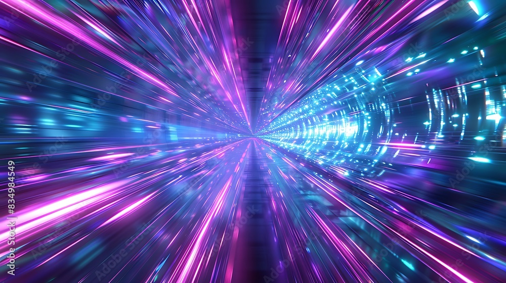 Abstract digital tunnel with glowing pink and blue light streaks.