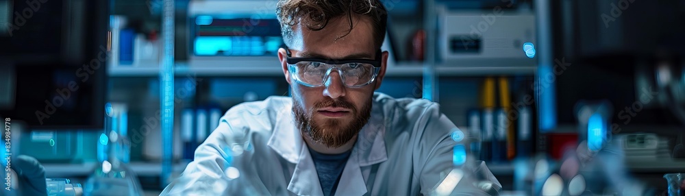 A researcher analyzing data on a computer screen in a lab close up, data analysis theme, realistic, blend mode, laboratory backdrop
