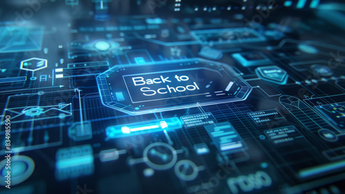 Back to School concept. Text on digital interface with futuristic blue graphics. Education technology concept.