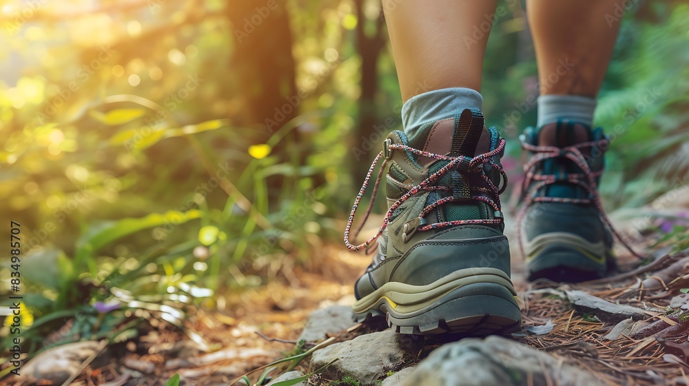 Close-up of hiker's boots on a forest trail.  Sunlight filters through the trees.