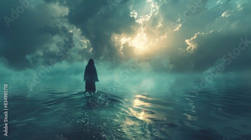 A serene image of Jesus Christ walking on water.