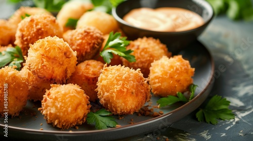 Plate of crispy cheese croquettes, side of dipping sauce, fresh garnish.