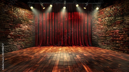 The red curtain is rising on an empty stage. The stage is made of wood and has a brick background. There are spotlights shining down on the stage.