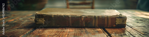Antique Book with Leather Binding and Gold Details on Wooden Table photo
