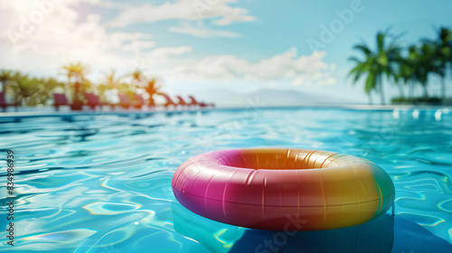 Inflatable ring floating in swimming pool on sunny day