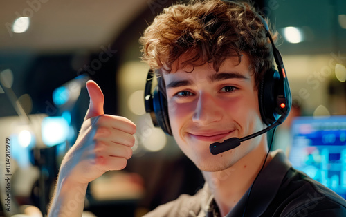 Portrait of young teleoperator man smiling with thumbs up. photo