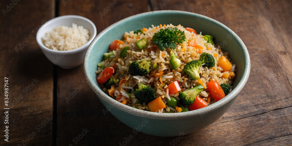 Wholesome Vegan Rice Bowl with Colorful Vegetables on Wooden Table Wholesome Vegan Rice Bowl with Colorful Vegetables on Wooden Table