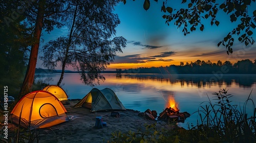 Two tents illuminated at dusk by campfire light on a lakeshore. A tranquil scene of outdoor adventure and relaxation.
