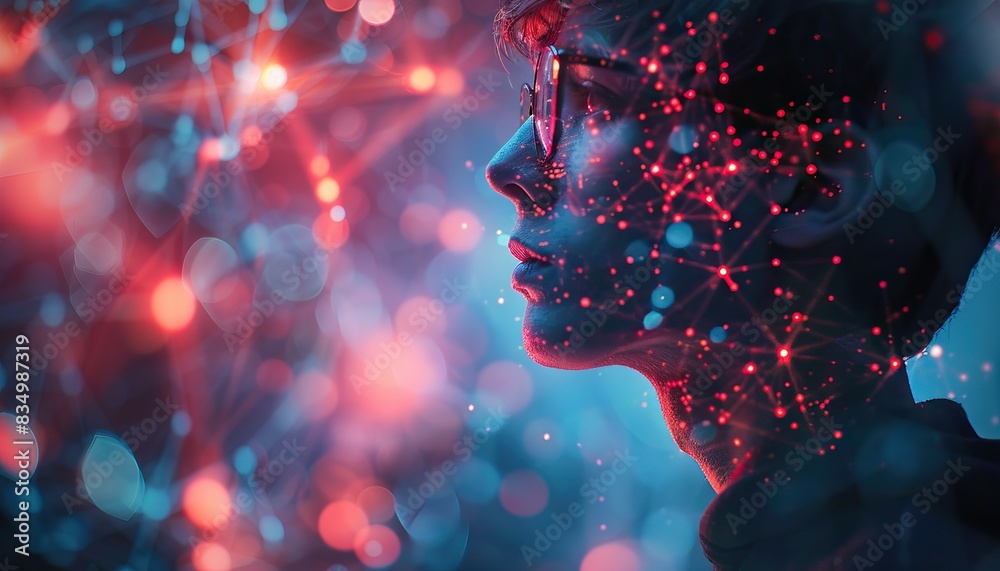 A conceptual digital artwork featuring a person's side profile intertwined with a network of abstract, glowing nodes and connections A conceptual digital artwork featuring a person's side profile intertwined with a network of abstract, glowing nodes and connections