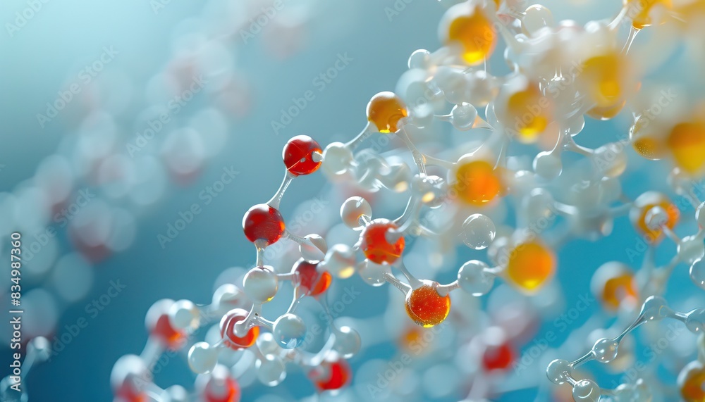 Close-up of colorful molecular structure against a blue background, representing scientific research and chemical bonds Close-up of colorful molecular structure against a blue background, representing scientific research and chemical bonds