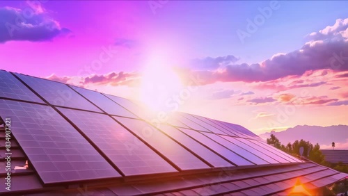 Solar Panels on Home Roof Harnessing Renewable Energy at Sunset. Concept Renewable Energy, Solar Technology, Sustainable Living, Home Improvement, Sunset Aesthetic photo